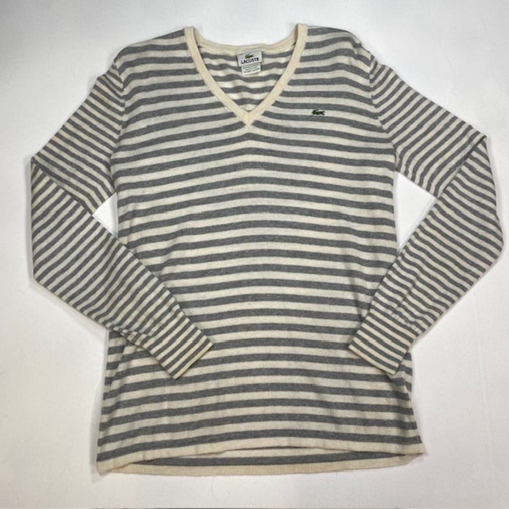 Lacoste Women's Cotton Cashmere Striped V-Neck Sweater Gray Cream Size 44